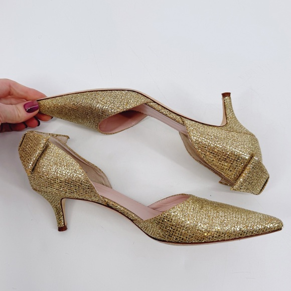 Kate Spade Gold Glitter Kitten Heels Size 8 D’Orsay Pointed Toe Bow Back Italy - Picture 7 of 12